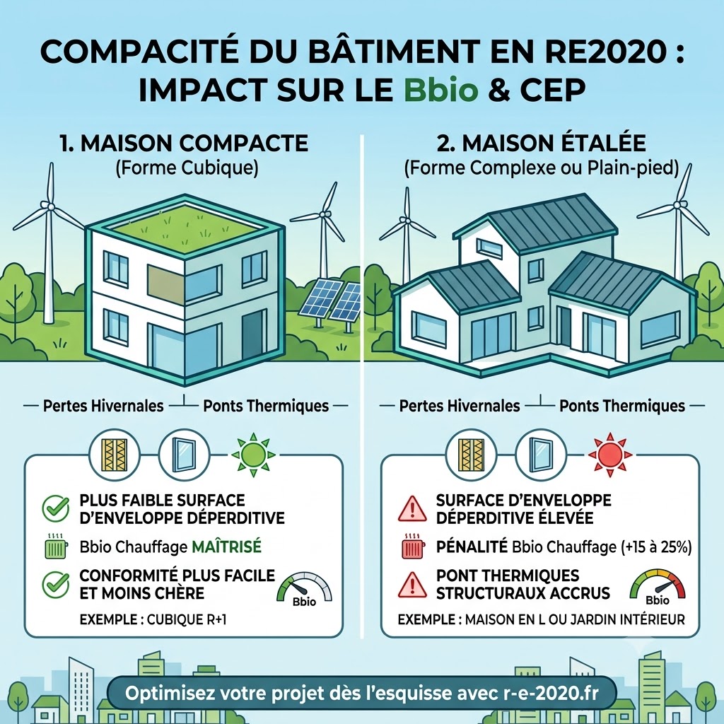 Schéma comparatif simple de la compacité RE2020 : une maison compacte à étage (Bbio conforme, moins de pertes) face à une maison étalée en L (Bbio en hausse, plus de pertes thermiques et de ponts thermiques).
