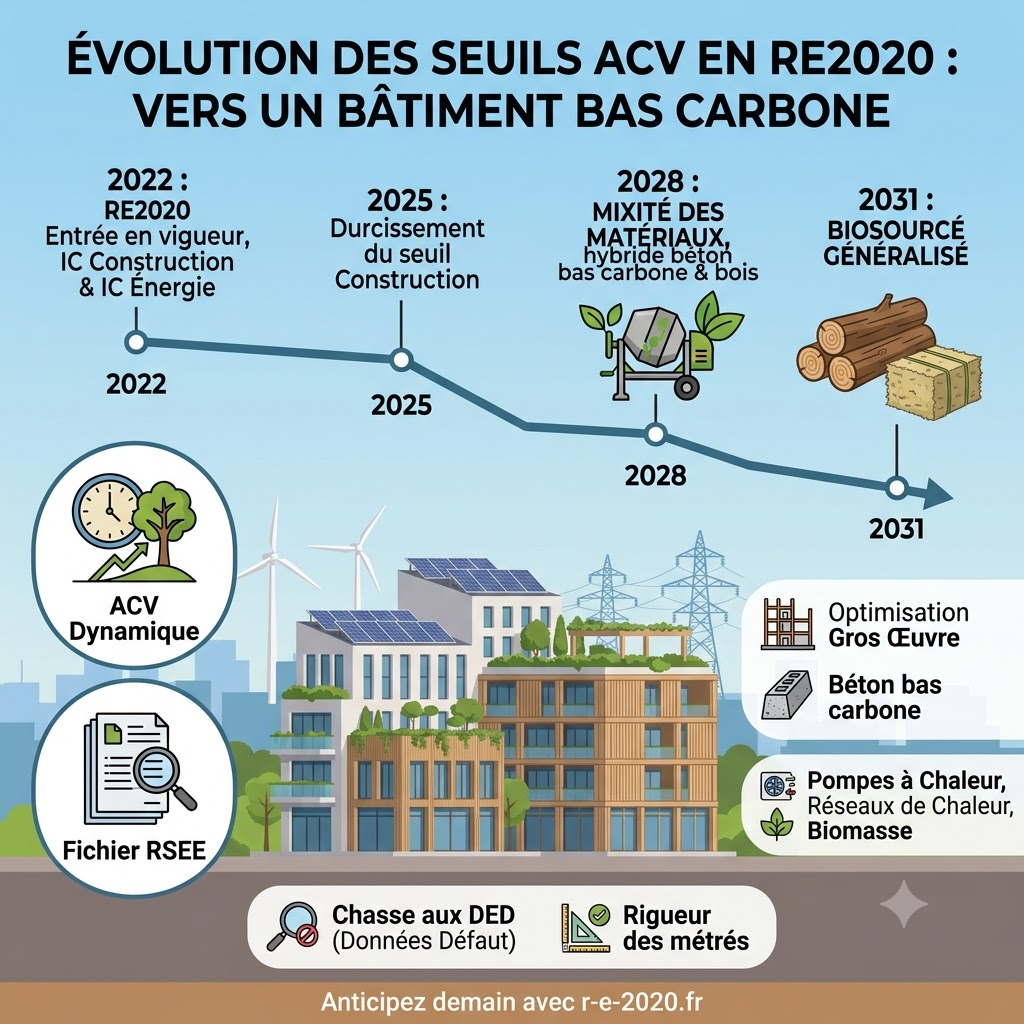 Infographie résumant l'évolution des seuils ACV de la RE2020 avec la trajectoire de baisse de l'IC Construction et de l'IC Énergie (paliers 2022, 2025, 2028, 2031), illustrant les solutions bas carbone et le fichier RSEE.