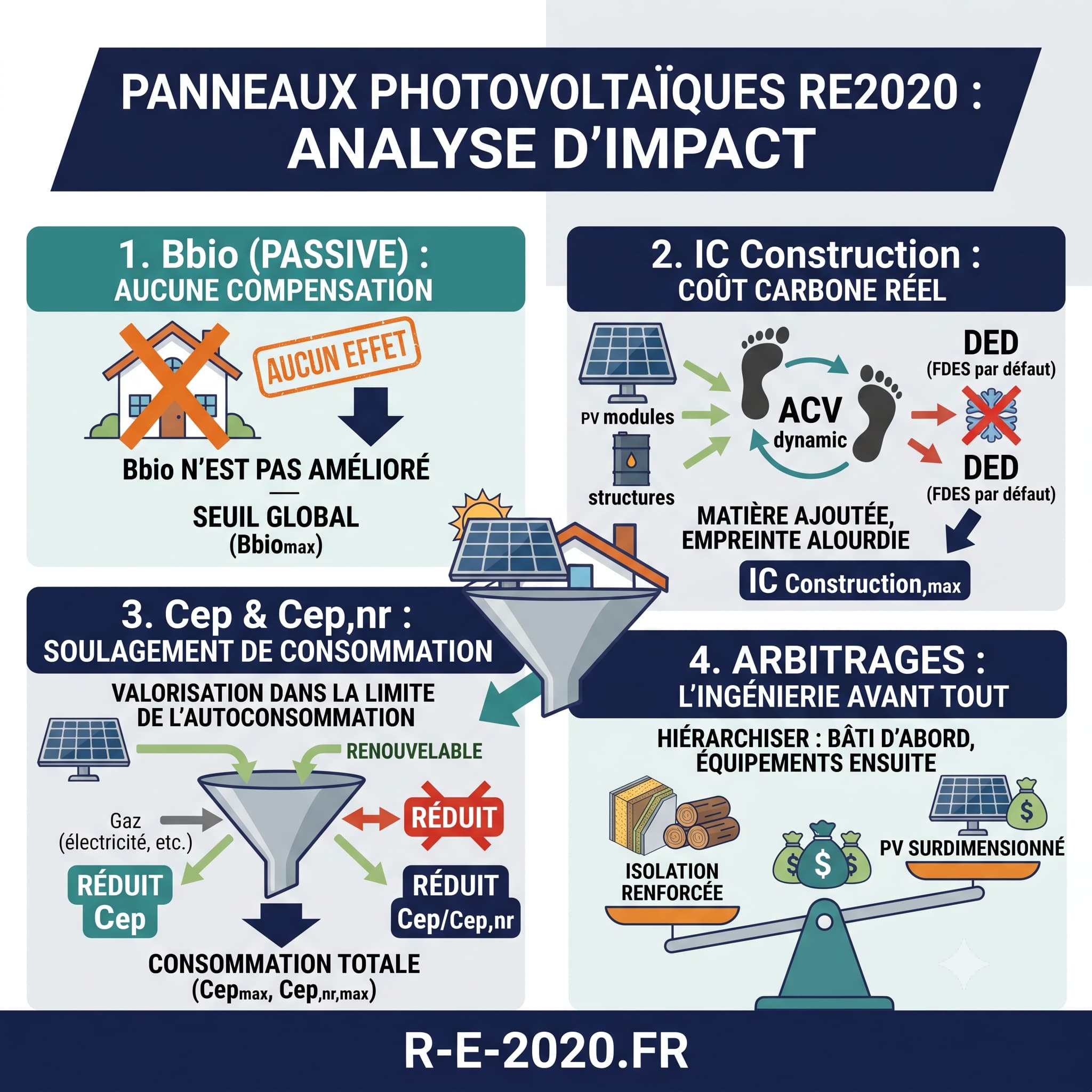 Infographie RE2020 détaillant l'impact réel des panneaux photovoltaïques sur un projet de construction. Le schéma démontre l'absence d'effet sur le score Bbio passif, l'alourdissement du coût carbone IC Construction via l'ACV dynamique et les fiches DED, ainsi que le soulagement des consommations Cep et Cep,nr dans la limite de l'autoconsommation. Par le bureau d'études r-e-2020.fr.