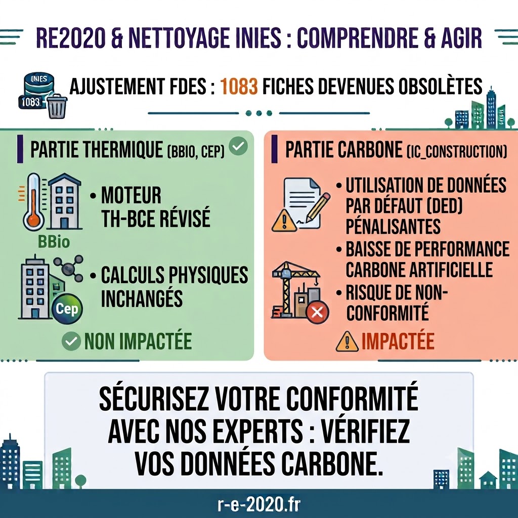 Infographie RE2020 : Impact du nettoyage de la base INIES sur les fiches FDES et la conformité carbone des projets de construction. Comparaison entre la partie thermique (Bbio, Cep) non impactée et la partie carbone (Ic Construction) impactée.