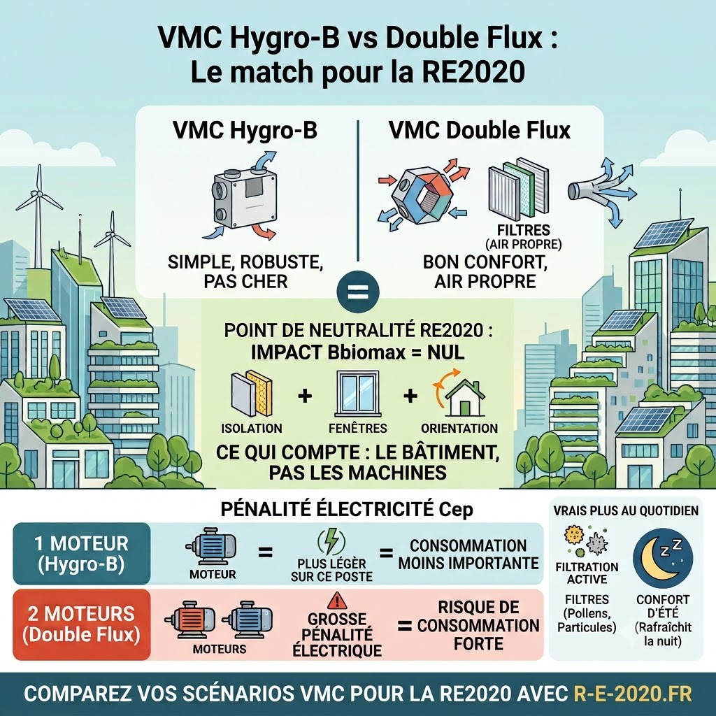 Infographie simplifiée comparant la VMC Hygro-B et la VMC Double Flux pour la RE2020. Elle montre l égalité sur le Bbio (isolation, fenêtres, orientation) et la différence sur le Cep (consommation électrique de 1 moteur contre 2 moteurs).
