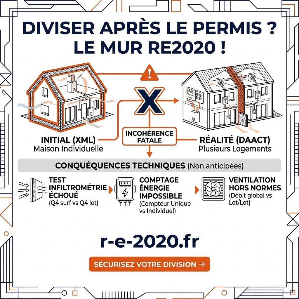 Infographie détaillée expliquant les risques techniques RE2020 lors de la division d'une maison individuelle en plusieurs logements après l'obtention du permis de construire. Elle montre l'incohérence entre l'étude thermique initiale (XML) et la réalité (DAACT), et les conséquences : test d'infiltrométrie échoué, comptage d'énergie impossible et ventilation hors normes. Le tout par r-e-2020.fr.
