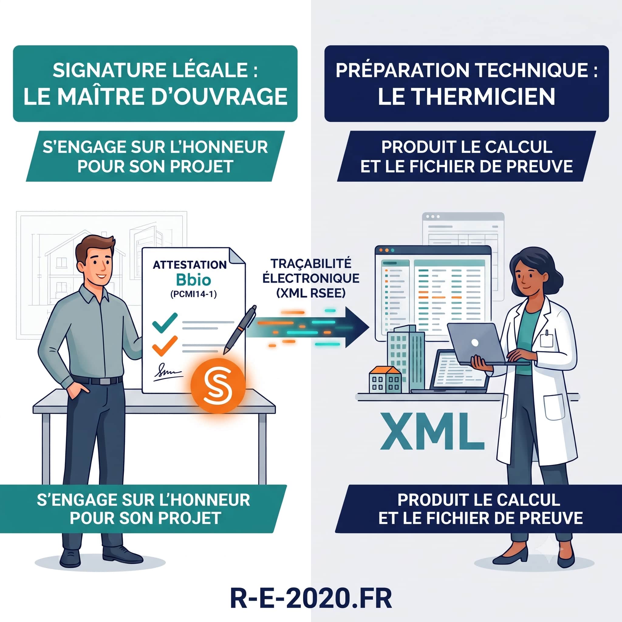 Infographie RE2020 expliquant qui doit signer l'attestation Bbio pour le dépôt du permis de construire : rôle et engagement juridique du maître d'ouvrage par rapport à la préparation technique du fichier XML par le bureau d'études thermiques r-e-2020.fr.