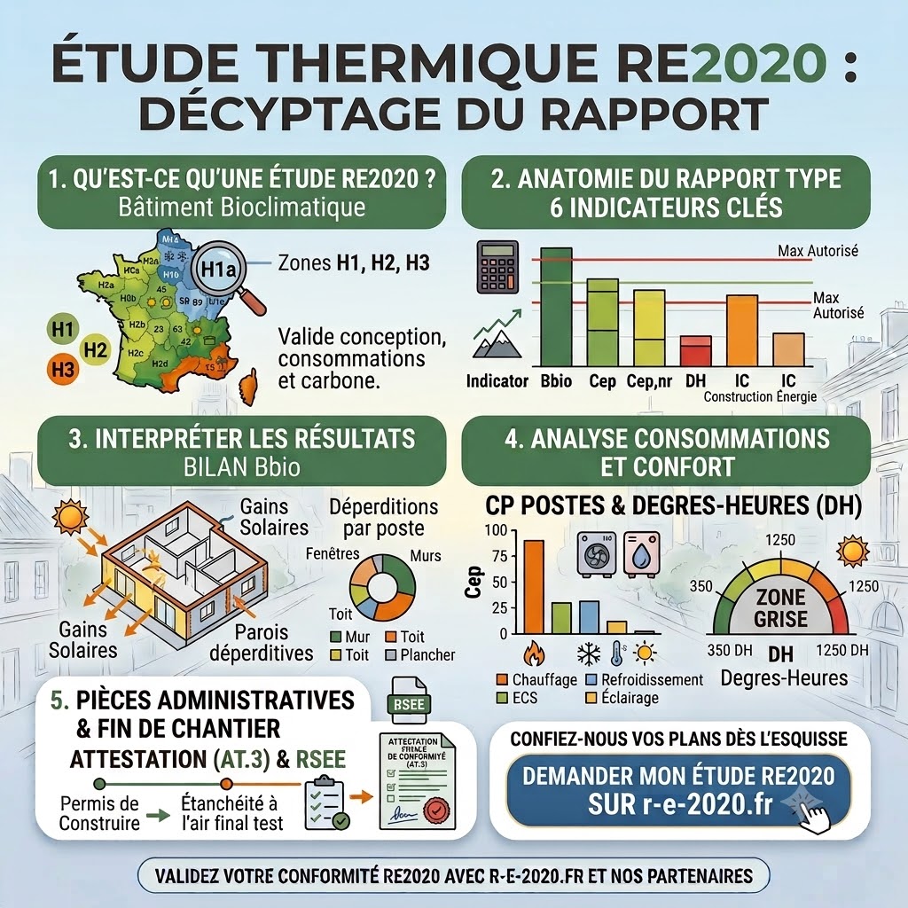 Vous ne comprenez pas votre étude thermique RE2020 ? Découvrez notre guide visuel pour décrypter les 6 indicateurs clés (Bbio, Cep, DH, Carbone Construction et Énergie), le bilan Bbio de votre projet et les étapes administratives de fin de chantier. Optimisez votre projet de construction avec r-e-2020.fr.