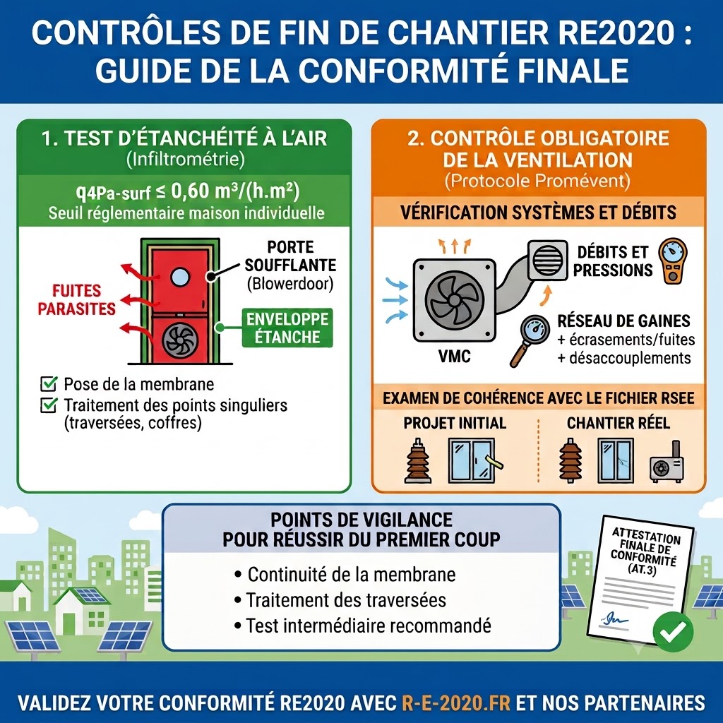 Schéma explicatif simple sur le test de perméabilité à l air et la vérification VMC en fin de chantier RE2020.